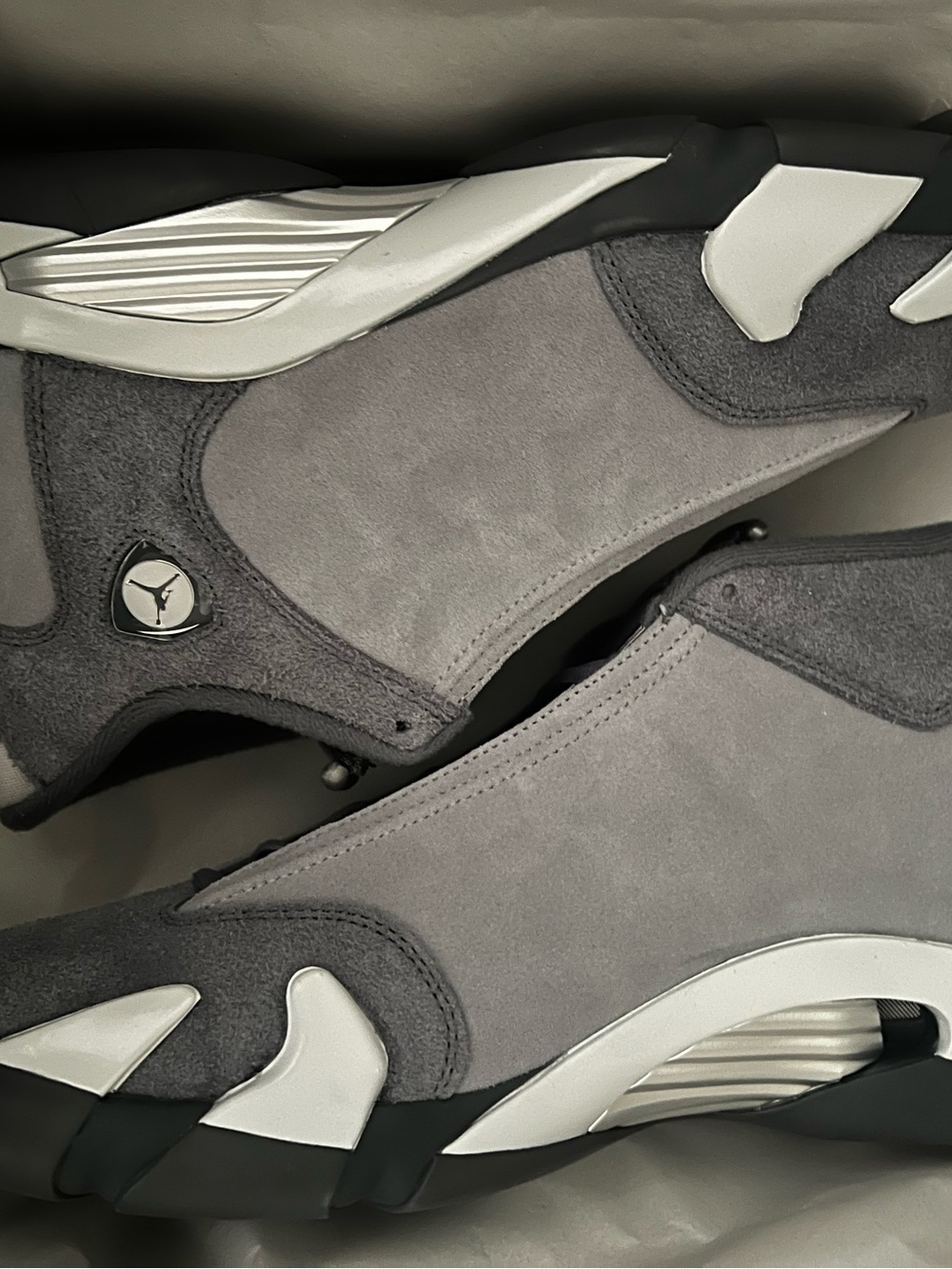 (Flint Grey) (2024) Jordan 14 Retro Suede Sneakers in Grey and White